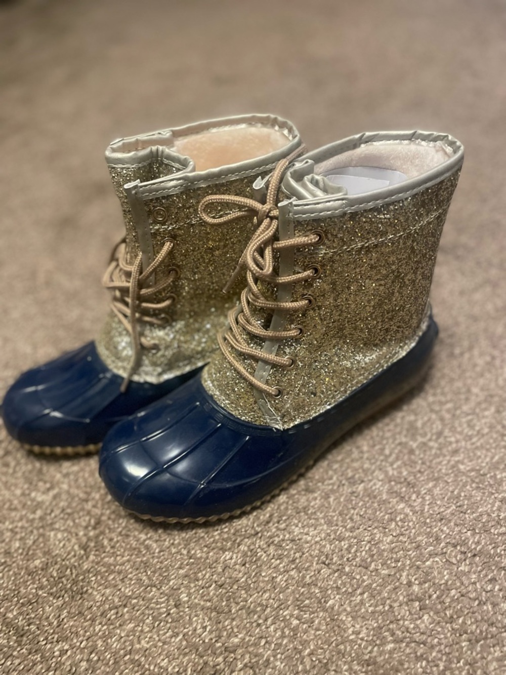 Women’s Navy & Gold Glitter Lace-Up Duck Boots. NWOT - Picture 4 of 6
